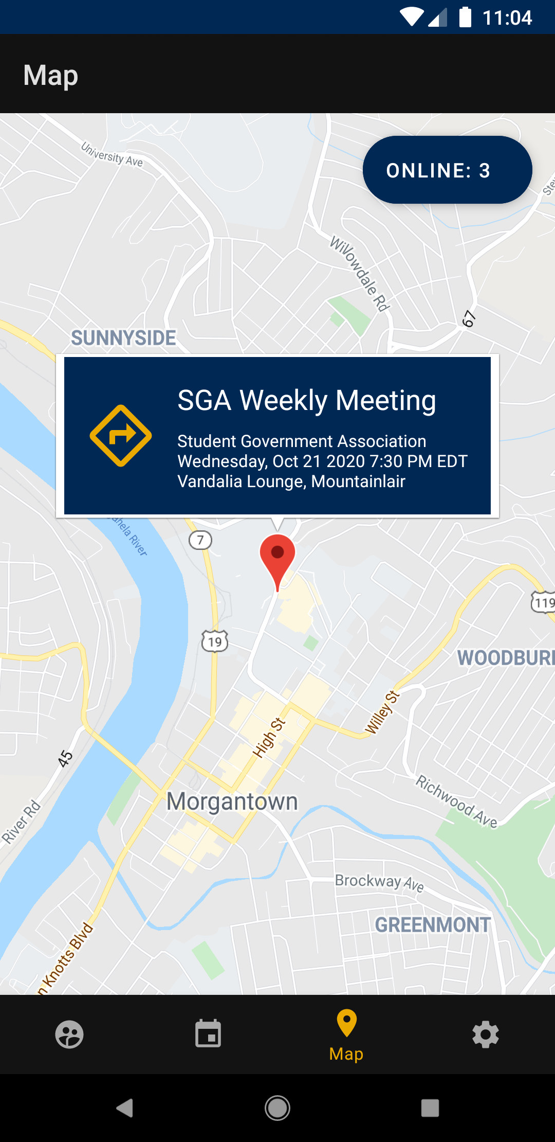 WVU Involved Android Dark Mode Map Tab