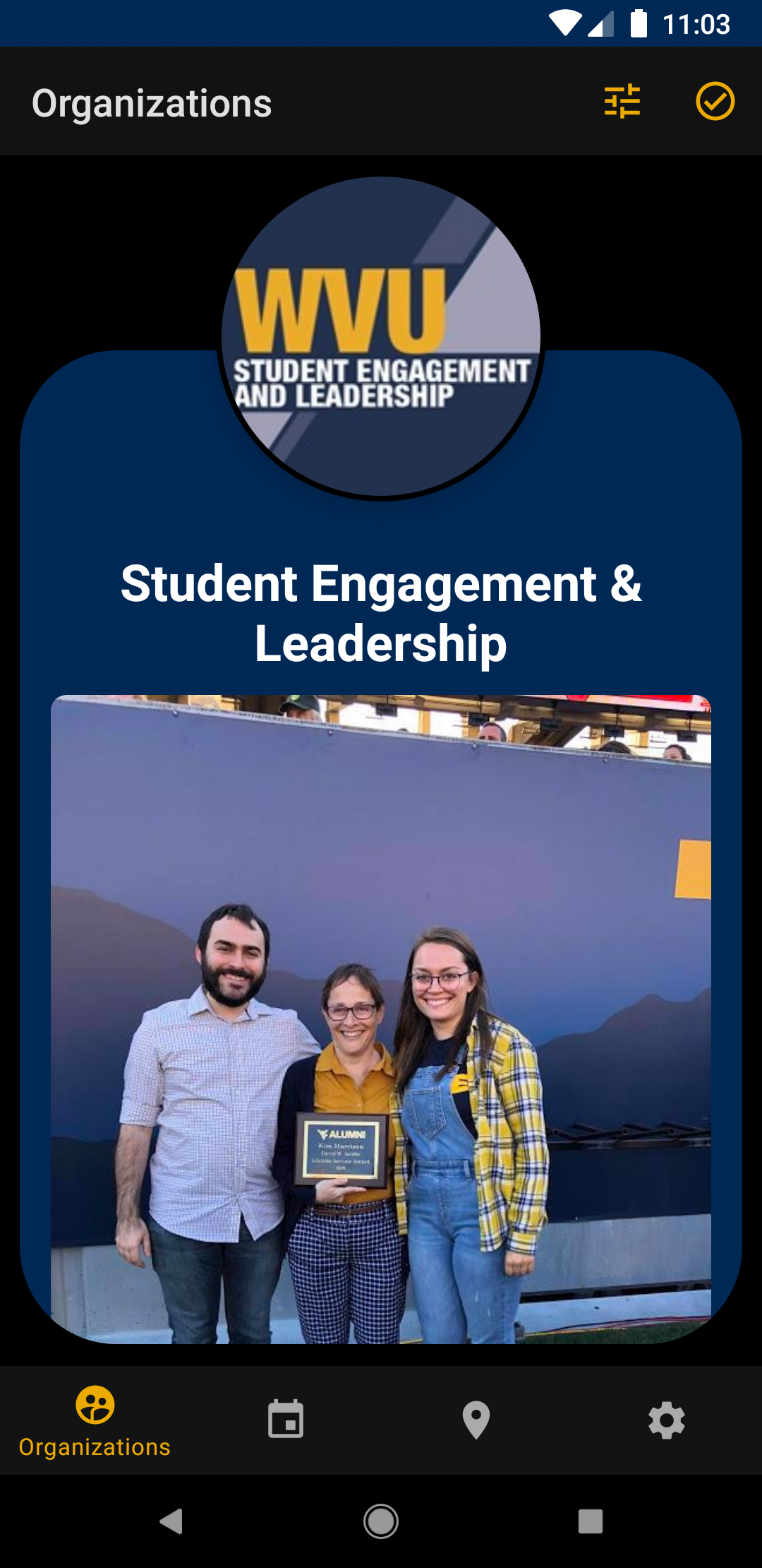 WVU Involved Android Dark Mode Organizations Tab
