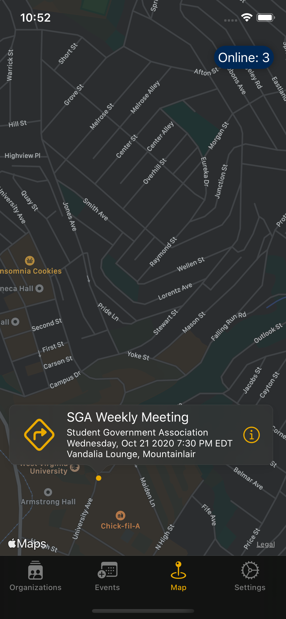 WVU Involved iOS Dark Mode Map Tab