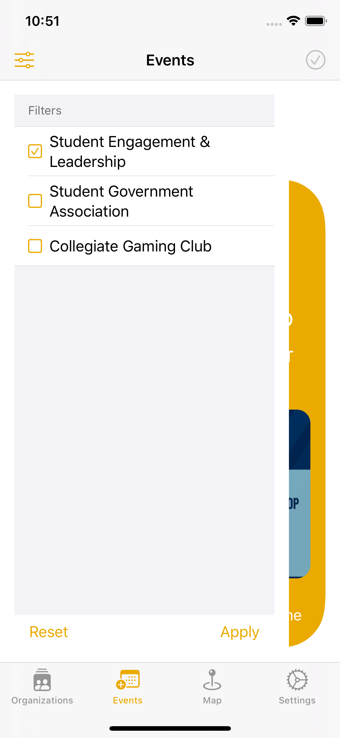 WVU Involved iOS Light Mode Events Filters