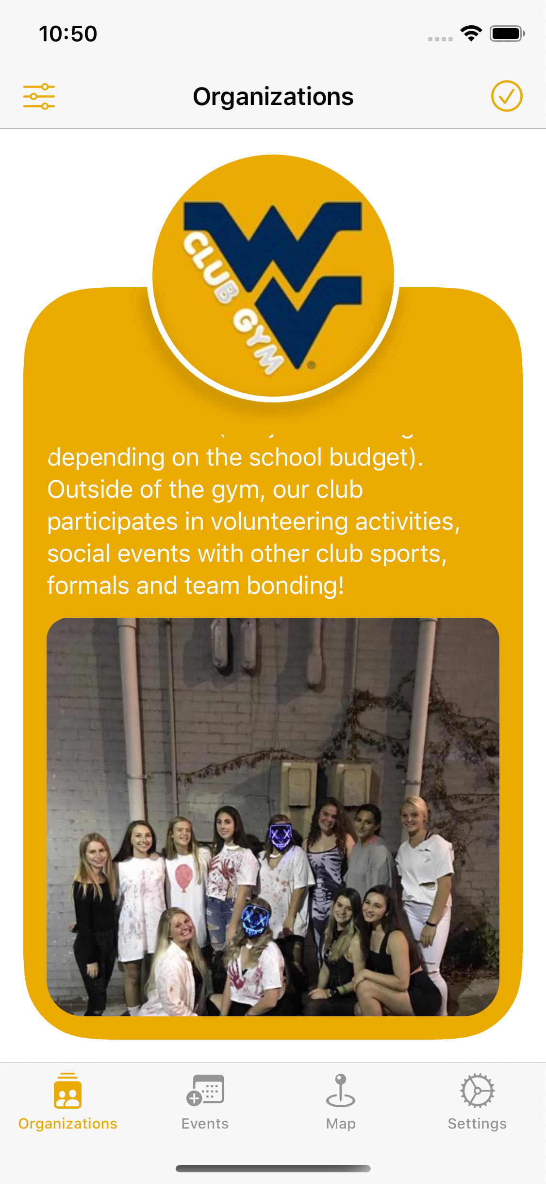 WVU Involved iOS Light Mode Organizations Tab